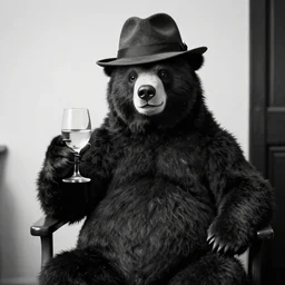 Bear wearing a fedora holding a glass of wine, sitting in a chair, black and white