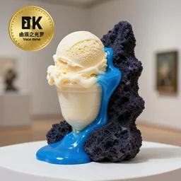 vanilla ice cream, blue slime and obsidian conglomerate, museum sculpture, 4k, 33mm, award winning photograph