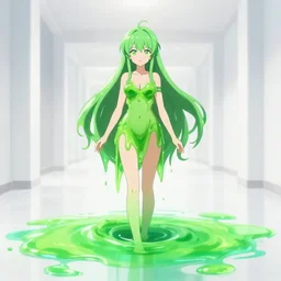 a beautiful green slimegirl woman emerging from the center of a pool of slime in a bright white hallways, anime key visual