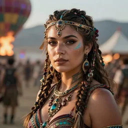 hyper realistic photography portrait of postapocalyptic ciberpunk coachella burningman pagan medieval tribal festival warrior curvy partygirl valkyr face cinematic, vallejo, craig mullins greg rutkowski, artstation, cgsociety