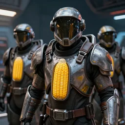 armoured guards on space station wearing badges made of corn, hyper realism, cinematic, dramatic ambient lighting, high detail, octane render, unreal engine, 8 k, vibrant colors, high contrast, depth of field, professional photo, concept art, dnd, 3 d render, digital art, deviantart artstation, ray tracing, apocalyptic, extremely detailed, very sharp,