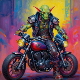 a portrait of an apocalyptic scifi orcish biker by michael whelan, psychedelic vibrant colors, futuristic punk rock fashion, oil painting by michael whelan art, sharp focus, realistic, highly detailed, 8 k