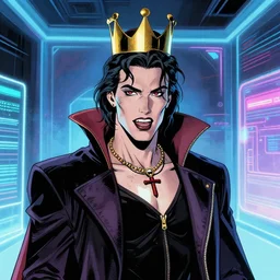 a portrait of a beautiful psycho king in a holographic room, in the style of daniel clowes