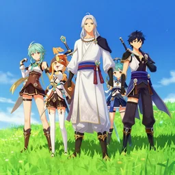 group picture of handsome anime Jesus Christ and an anime swordfighter girl on a bright green grassy hill with a deep blue sky in Genshin Impact pixiv game art