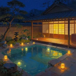 painting of night time intimate currently empty traditional onsen at japanese inn with glowing water spirits by small inn floating lanterns by artgerm mullins rutkowski mucha bonsai zen garden warm inn bioluminescence concept art fantasy octane raytracing vivid color indirect light artstation