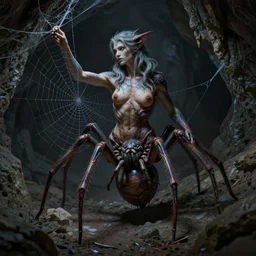 female drider with a human torso combined with a spider's abdomen and legs crawling on a spider web in a dark cave, ultra detailed, high fantasy, monster, creature design, dnd, dndbeyond, realistic, concept art, octane render, 8 k, moody lighting, muted colors, blue tone light, dramatic lighting, john singer sargent, matte painting
