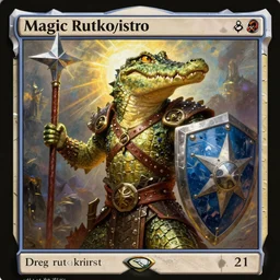 a crocodile warrior holds a morning star and a shield, by greg rutkowski, magic the gathering,
