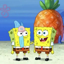 morty and patrick playing in front of sponge bob pineapple house, fantasy cartoon high resolution trending sponge bob style