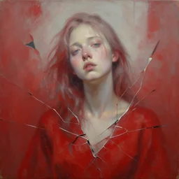 a portrait of an intensely lit disoriented female, shattered, red, oil painting, pale colors, high detail, 8 k, wide angle, trending on artstation,