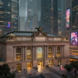 hyperrealistic matte painting of the central station of a cyberpunk city, classical architecture, ancient buildings, by hubert robert and hugh ferris and noriyoshi ohrai, city lights, cyberpunk style, cyberpunk ads, technological, octane, intricate, fine detail, polished, futuristic, artstation, cgsociety