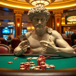 the statue david from michelangelo sitting at a poker table with many chips in front of him, holding pokercards in his hands, playing poker in the golden nugget