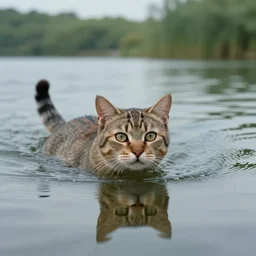 high definition snapshot from a movie of a cat swimming in a lake. 2 4 mm, photorealistic, cat photography, professional photography, directed by wes anderson
