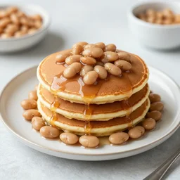 a stack of pancakes covered in beans on a dinner plate, dslr photo, food photography