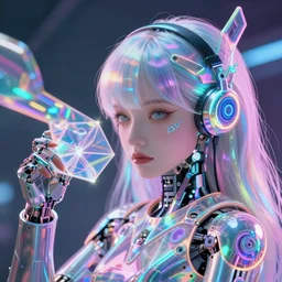 iridescent hologram buster girl, holography, cybernetics parts, neon iridescence, glowing neon, luminescence, cinematic lighting, highly detailed, by cedric peyravernay, by maciej kuciara, featured on pixiv, trending on artstation, uhd 8 k, shallow depth of field