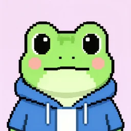 portrait style closeup of a cute frog wearing a hoodie, looking straight ahead. pixel art. nft art. pixel retro cute nft art.