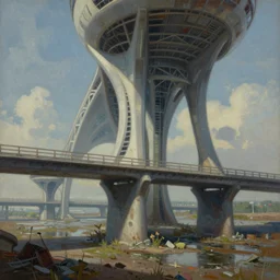 a beautiful photorealistic painting of abandoned bridge by philip johnson, futuristic universe, archdaily, wallpaper, highly detailed, trending on artstation.