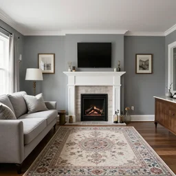 cozy living room, grey walls, white ceiling, fireplace, medallion area rug, left hand sofa & chaise