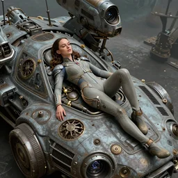 fantasy character portrait, natalie portman resting on an old sci - fi vehicle, bodysuit, leotard, ultra realistic, wide angle, intricate details, the fifth element artifacts, highly detailed by peter mohrbacher, hajime sorayama, wayne barlowe, boris vallejo, paolo eleuteri serpieri