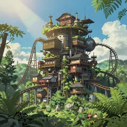 city-sized steampunk machinery, steampunk art by noah bradley, Miyazaki tekkonkintreet Teikoku Shounen style, amazing Traditional Japanese style, lush vegetation and ferns, rollercoaster running through the trees, sun rays, octane render, trending on artstation, hyper detailed, cinematic