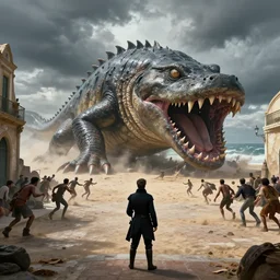 Napoleon Bonaparte standing on floor alone,  is on the street of Jamestown in Santa Elena. watching a gigantic monster that looks like a mixture of monk-fish with crocodile limbs, wet and slimy with a very large mouth,dragging its enormous weight with effort on a beach, there are people fleeing in terror, photo-realistic, stormy sky, photo by national geographical