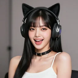 realistic detailed semirealism beautiful gorgeous natural cute excited happy Blackpink Lalisa Manoban black hair black cat ears, wearing white camisole outfit, headphones, black leather choker artwork drawn full HD 4K high resolution quality artstyle professional artists WLOP, Aztodio, Taejune Kim, Guweiz, Pixiv, Instagram, Artstation