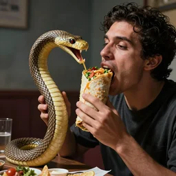 Jerma eating a taco bell burrito like a snake, his jaw is unhinged and he has swallowed half of the burrito whole