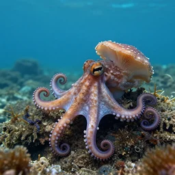 a beautiful nature photograph of a rare magic mushroom octopus with curling be tentacles crawling out of the sea onto the rocky shore