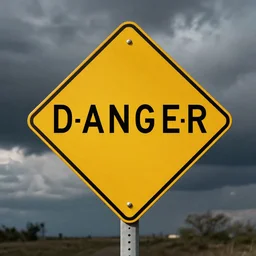 photo of a road sign that has a single word DANGER on it, in English, spelled correctly as D-A-N-G-E-R
