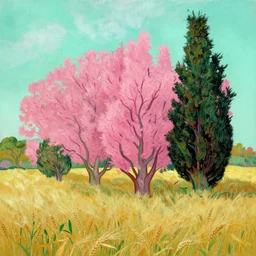 wheat field with cypresses, by van gogh and tim burton, pink cypresses, teal sky