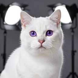 photo still of white cat, purple eyes, 8 k, studio lighting bright ambient lighting key light, 8 5 mm f 1. 8