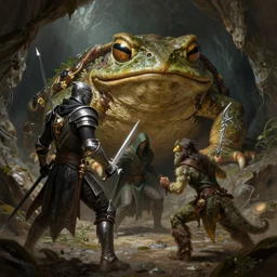 a paladin, a rogue and a druid fighting against a giant toad inside a cave, d & d, fantasy, highly detailed, digital painting, artstation, concept art, character art, art by greg rutkowski and tyler jacobson and alphonse mucha