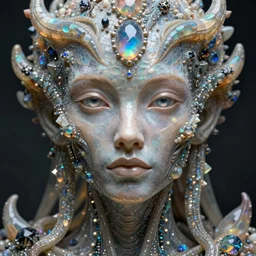 a beautiful portrait of organic humanoid | one character | front close - up face | looking straight ahead | front, full body, volumetric, symetrical close up, octane render, ultra details, opals, minerals, ethereal, squama, by peter mohrbacher, zaha hadi