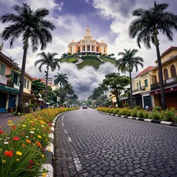 curled perspective digital art of ho chi minh city, curly clouds cobblestone street with wildflowers to a casino in top of a hill with curly palmtrees by anton fadeev from nightmare before christmas