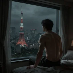 dazecore portrait of a man looking out from his bedroom window to tokyo city, gloomcore, dullcore, dark fantasy, dark naturlism, dark paradise, au naturel, hyper detailed, digital art, trending in artstation, behance, deviantart, cinematic lighting, studio quality, smooth render, unreal engine 5 rendered, octane rendered, art style by pixar dreamworks warner bros disney riot games and ghibli.