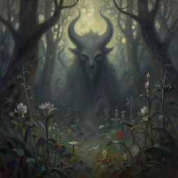 infernal garden in the hell. gouache fairytale art, russian romanticism, muted palette, backlighting, depth of field, bokeh.