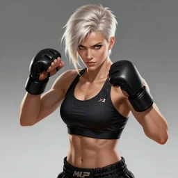 a highly detailed illustration of fierce short haired platinum blonde woman wearing black mma bra and gloves, dramatic muay thai fight stance pose, muscular, intricate, elegant, highly detailed, centered, digital painting, artstation, concept art, smooth, sharp focus, league of legends concept art, WLOP