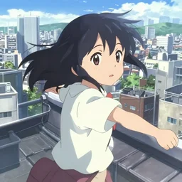 anime visual of a black haired girl on rooftop sightseeing bright day anime cityscape by makoto shinkai, cute face by yoh yoshinari, katsura masakazu, dynamic pose, dynamic perspective