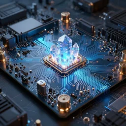 render of a fantasy motherboard circuit made and powered by crystalline circuitry. trending on artstation. premium print by angus mckie