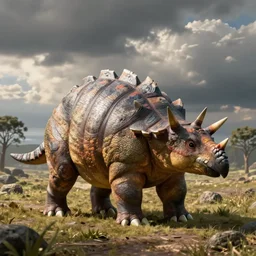 realistic jurassic park scene of ankylosaurus with big fat scales, spikes on head, cinematic, ultra realistic, beautiful terrain, full body portrait photo