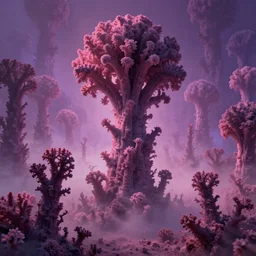 dense bismuth fractal fungal forest, megalophobia, silhouettes, pinks and purples, volumetric fog, intricate, highly detailed, concept art, masterpiece, background parallax layer