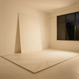 cream - colored studio, vanilla - colored lighting, soft golden light, marble room, marble slabs, bare room, empty room, studio room, art room, window to night time, night time, warm lighting inside, art by artgerm