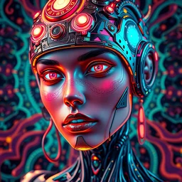 psychedelic sexy female cyborg, award winning face, hyper detailed, flowing psychedelic background intricate and detailed, ornate 8 k gorgeous intricate detailed, neon, high dynamic range, hdr, octane render