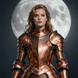 elegant female knight in copper colored plate armor who looks like michelle pfeiffer, moonlight in the background, trending on artstation, soft lighting, HD, sharp focus, intricate, masterpiece, concept art, character design
