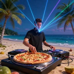 a dj on a tropical beach, pizza on the turntable, laser show, night sky, 3 d render, extremely high resolution, octane render, trending on artstation