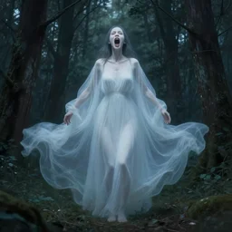 in the style of thomas kinkade, shinsui ito, joshua middleton, transparent female ghost screaming, flowing dress, full body, symmetrical face, in the woods, moody lighting, dark fantasy