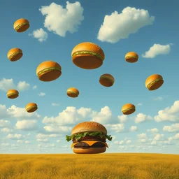 burgers raining from the sky, surrealism, rene magritte