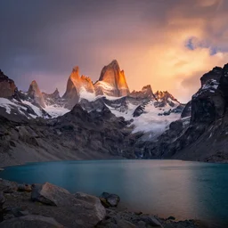 landscape photography by marc adamus, torres de paine, glacial lake, sunset, dramatic lighting, mountains, clouds, beautiful'gives instant pleasant looking photography - like images.