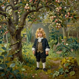 museum painting, wide - shot, 1 2 years old boy with shoulders - length wavy blond yellowish hair, wearing clothes of 1 8 th century, in the wild garden with apple trees, moss and vines, sharp focus, highly detailed, digital art, oil painting, masterpiece, by artgerm, by greg rutkowski, by mucha, by kinkade