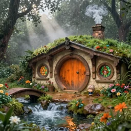 a medieval hobbit home, ornate, beautiful, atmosphere, benevolent, vibe, mist, smoke, chimney, rain, well, wet, pristine, puddles, waterfall, clear stream, bridge, orange, green, stained glass, forest, flowers, concept art illustration, color page, 4 k, tone mapping, doll, akihiko yoshida, james jean, andrei riabovitchev, marc simonetti, yoshitaka amano, digital illustration, greg rutowski, volumetric lighting, sunbeams, particles, rembrandt