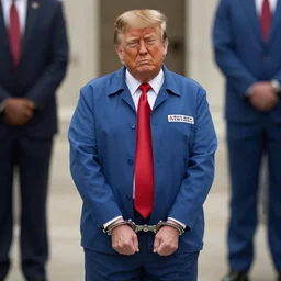 donald trump in handcuffs and prisoner uniform, a still from pixar film
